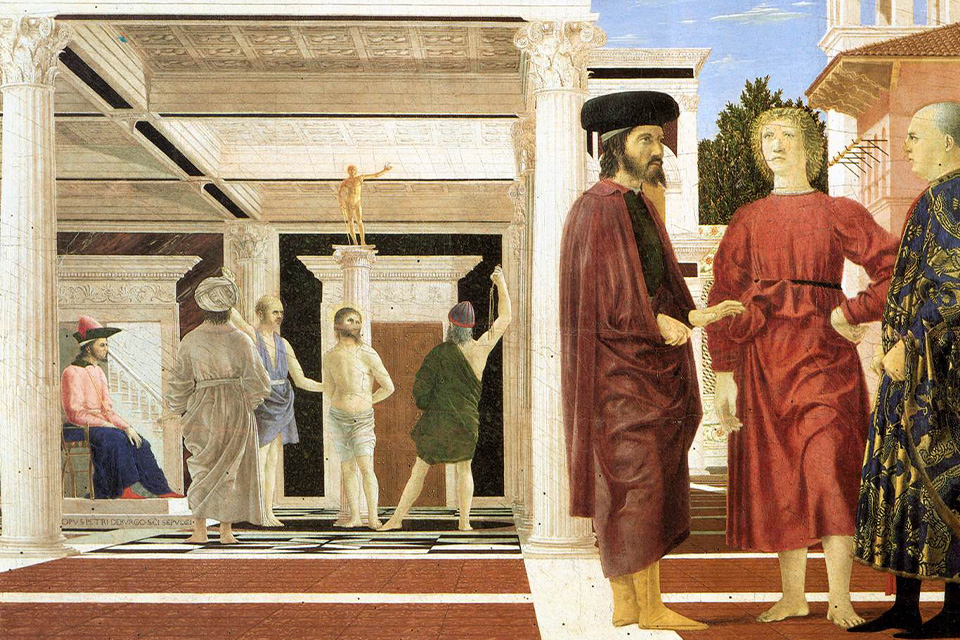 An artistic portrait of men in robes talking, in a historical Mediterranean building, with white pillars around them.